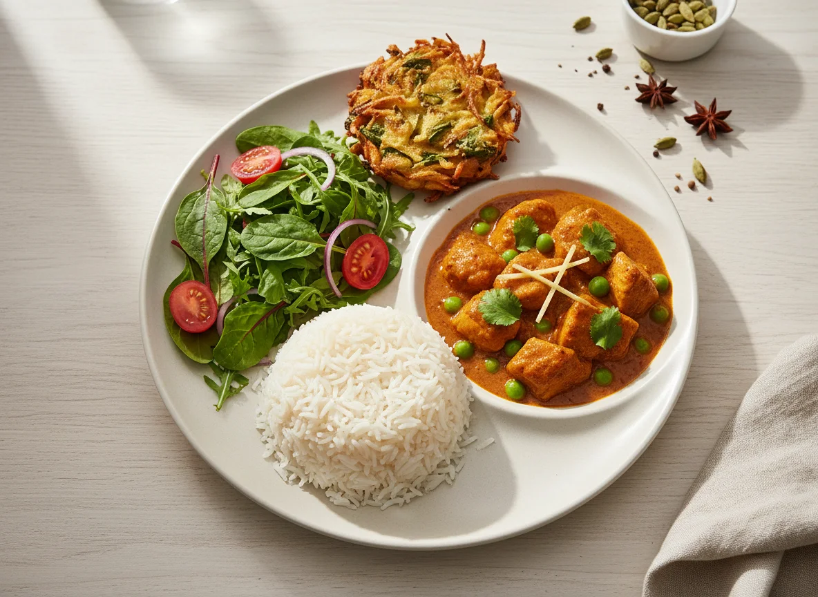 Indian style curry with rice, salad and a fritter photo