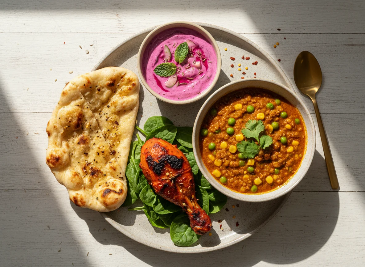 Indian Style Meal with Chicken, Curry, Naan, Spinach and Raita photo