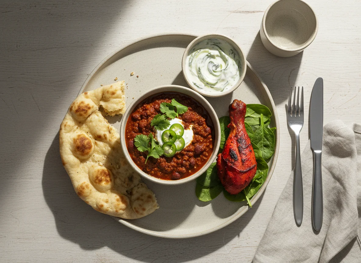 Indian Style Meal with Chili Con Carne photo