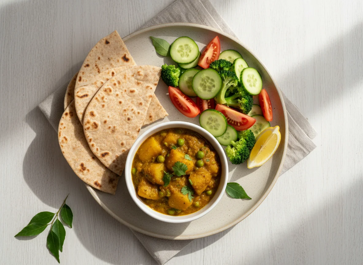Indian style meal with curry, flatbread and salad photo