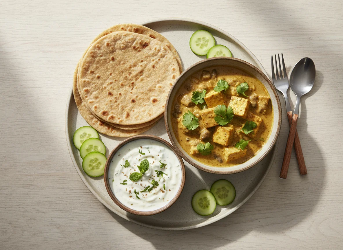 Indian style meal with curry, flatbread, raita, and cucumber photo