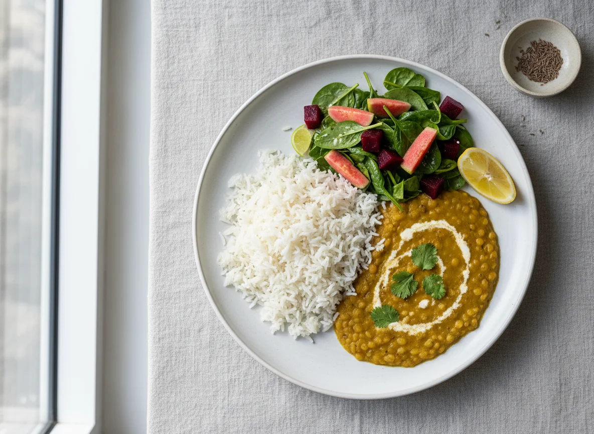 Indian style meal with dal, rice, and salad photo