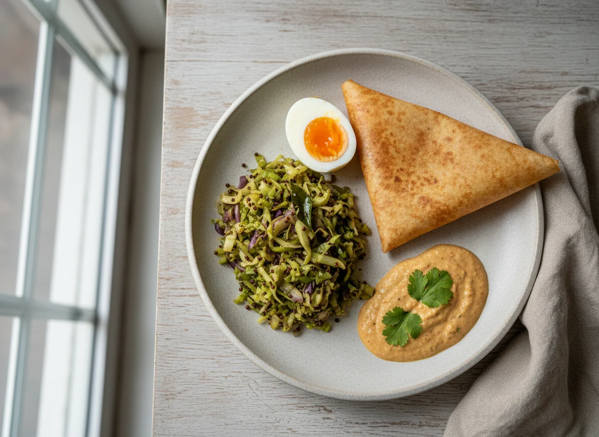 Indian style meal with eggs, cabbage sabzi, dosa, and sauce photo