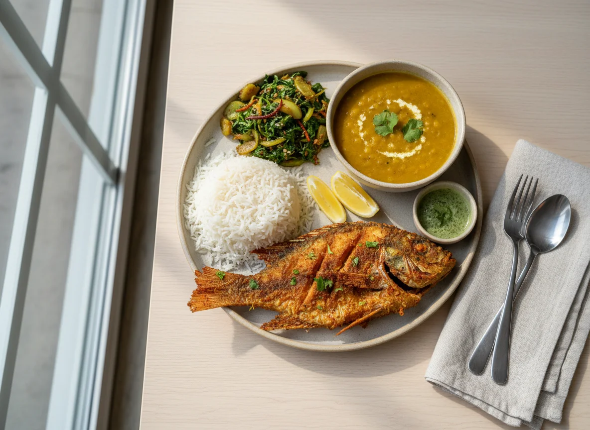 Indian Style Meal with Fish Fry photo
