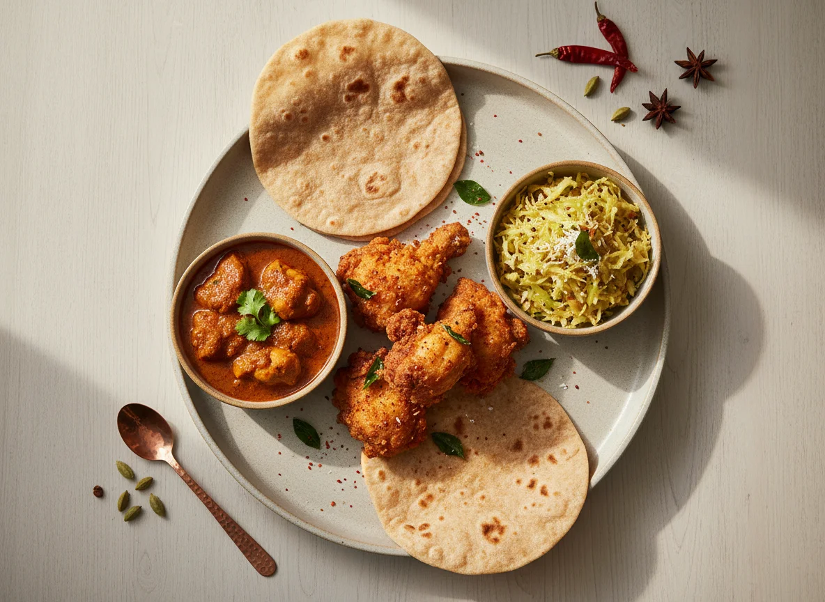 Indian style meal with flatbread, curry, vegetable stir-fry, and fried chicken photo