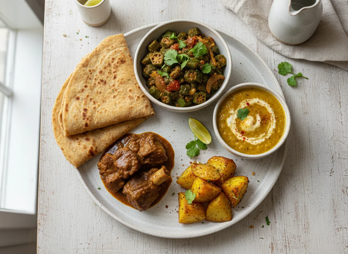 Indian style meal with flatbread, okra curry, meat, dal, and potatoes photo