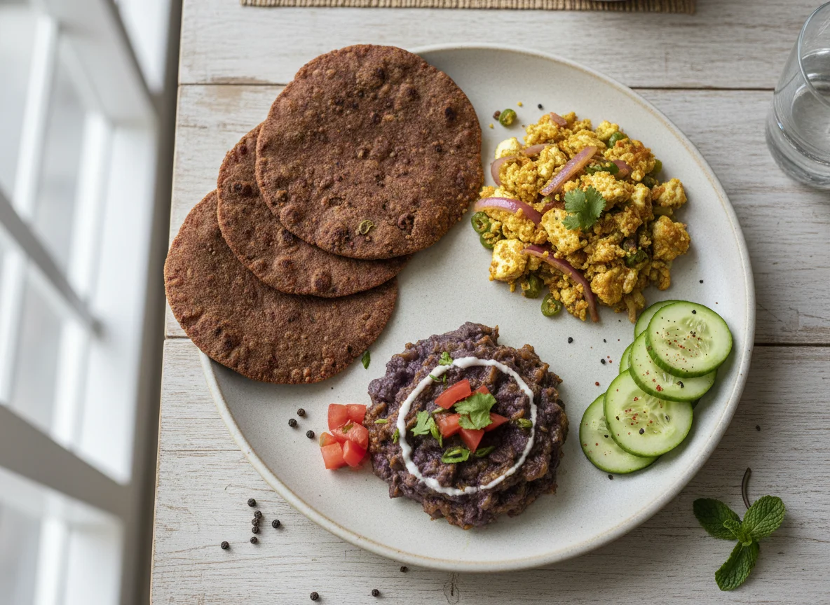 Indian style meal with Ragi Roti, Paneer Bhurji, Baingan Bharta, and Cucumber photo