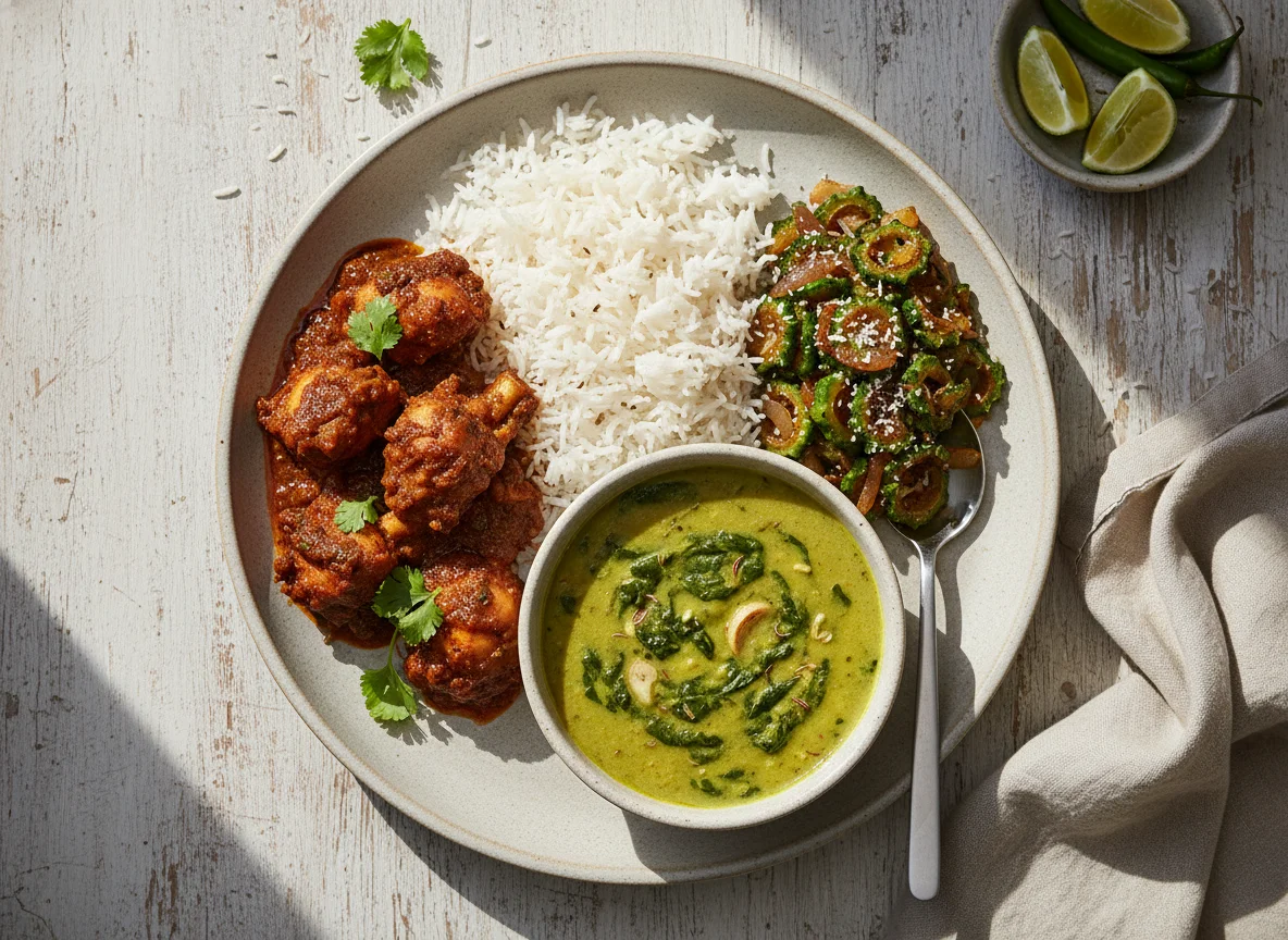 Indian style meal with rice, chicken, and vegetables photo