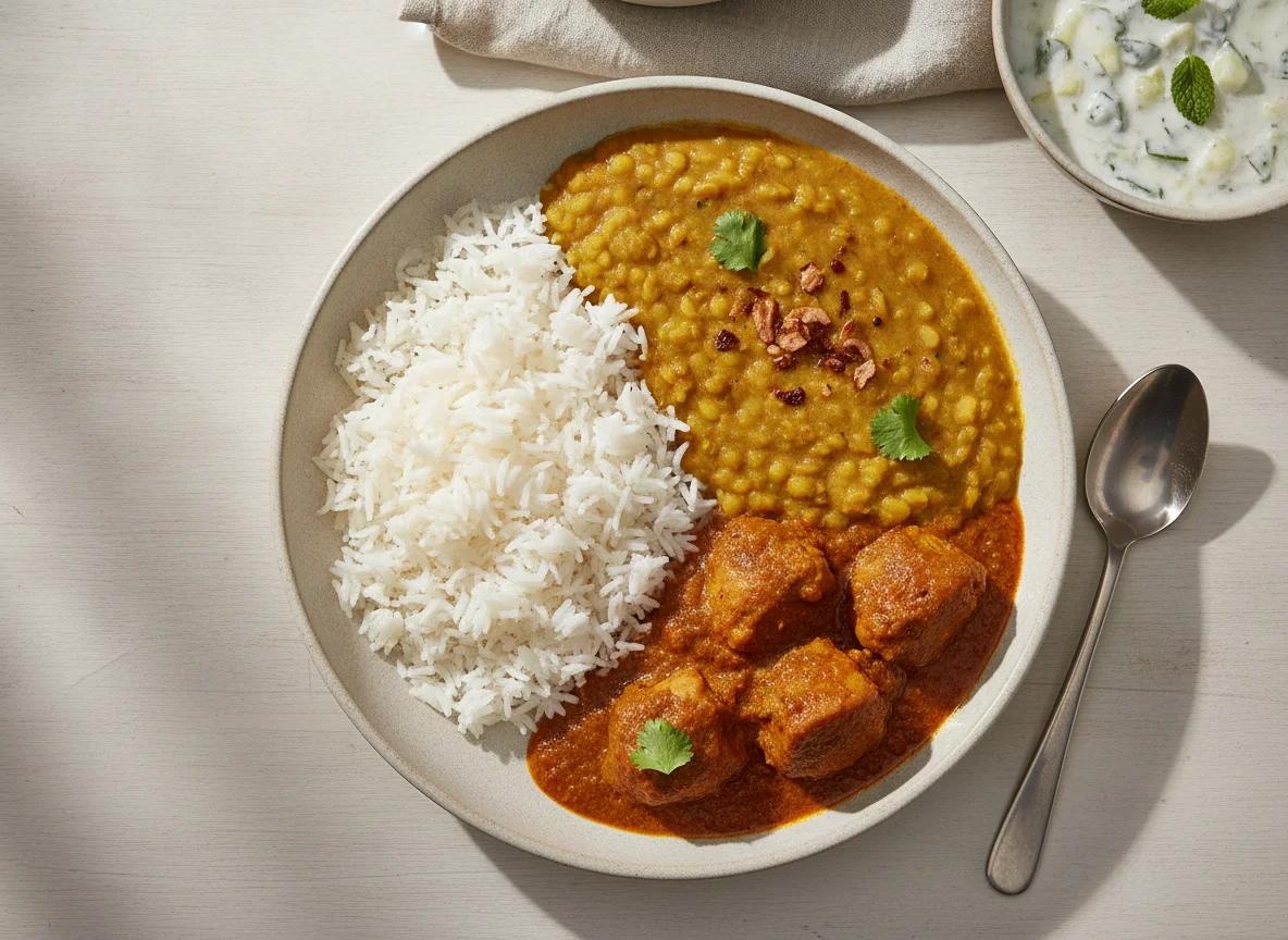 Indian Style Meal with Rice, Dal and Meat Curry photo