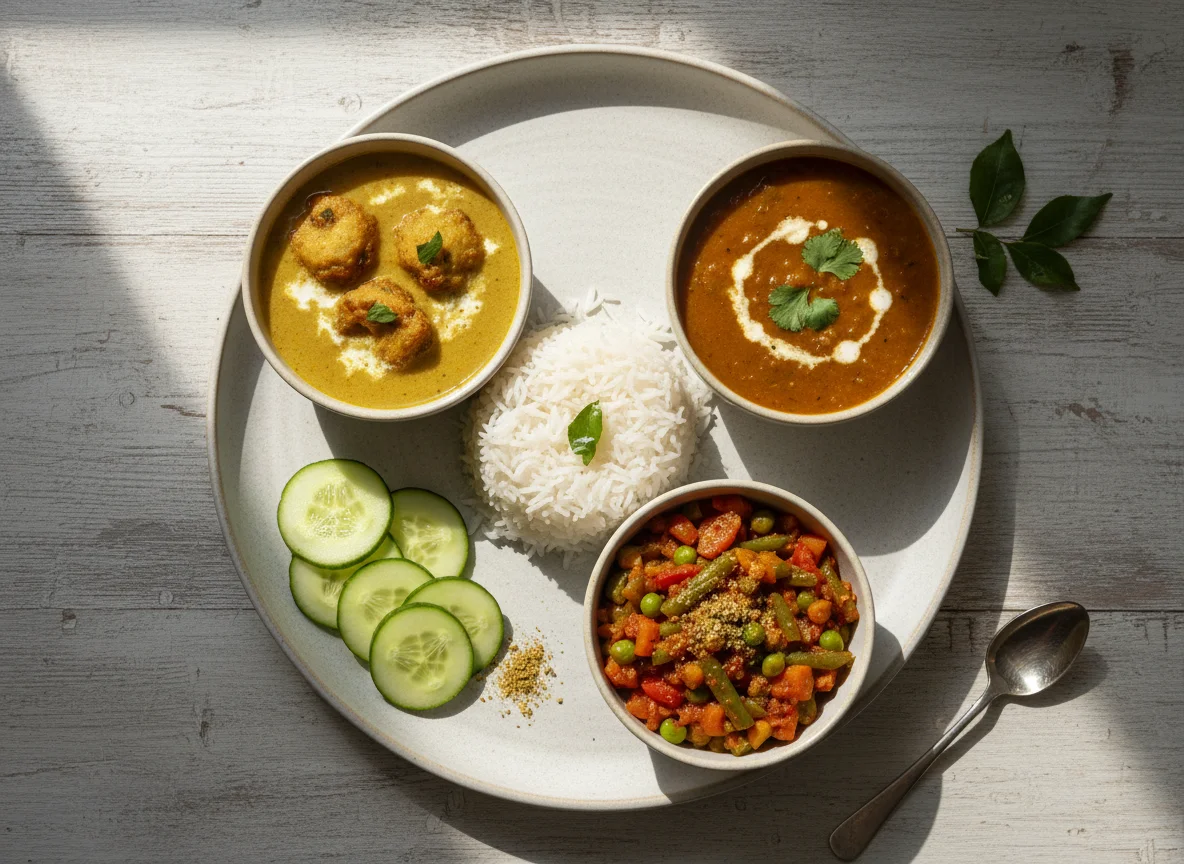 Indian style meal with rice, dal, vegetable curry, and cucumber photo