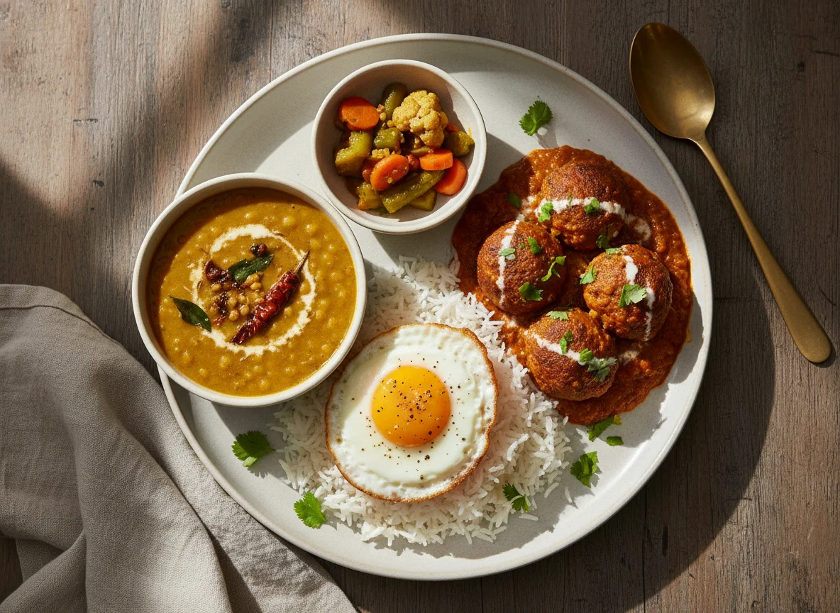 Indian style meal with rice, fried egg, dal, and vegetable curry photo