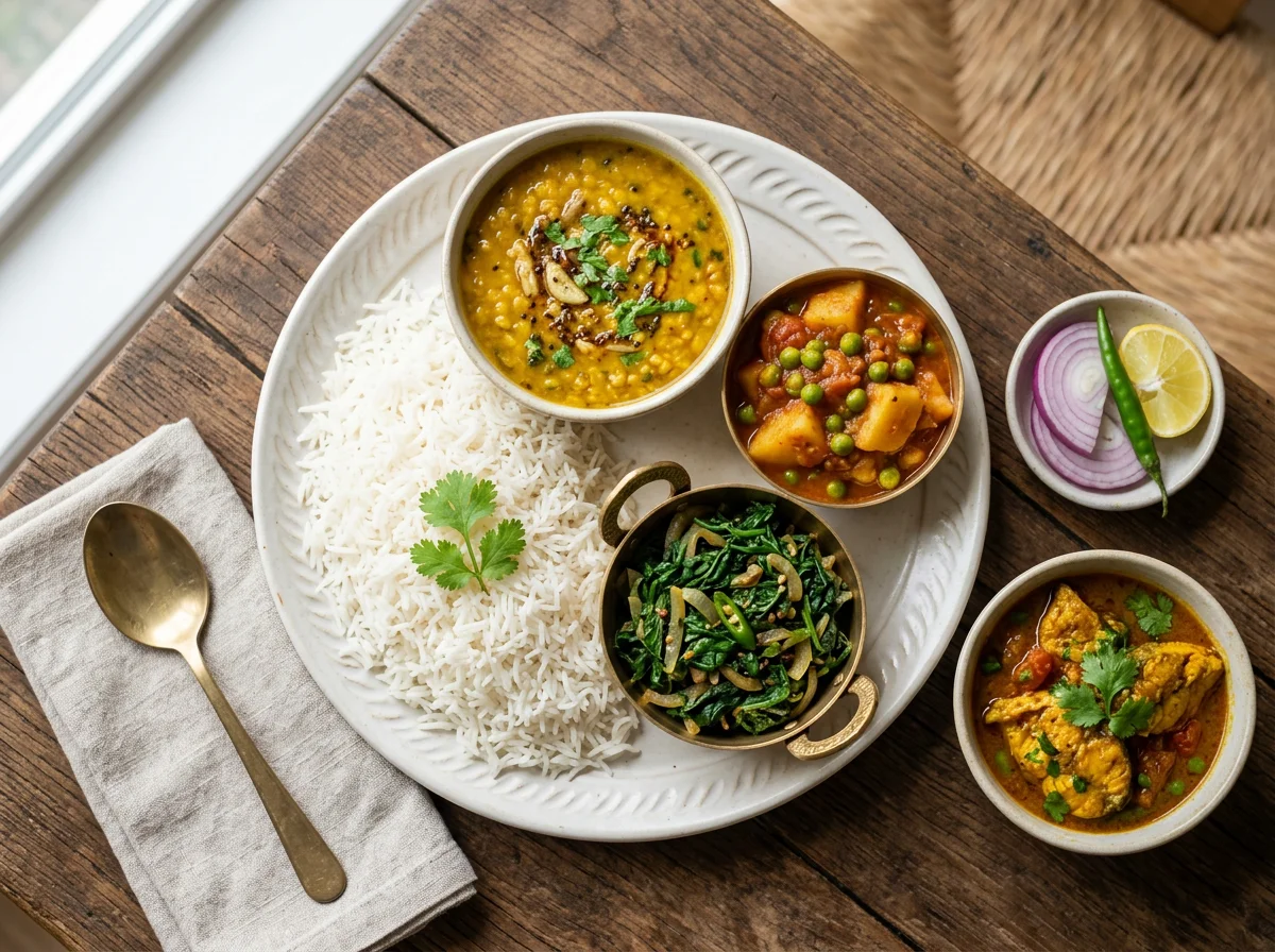 Indian style meal with rice, greens, dal, and curry photo