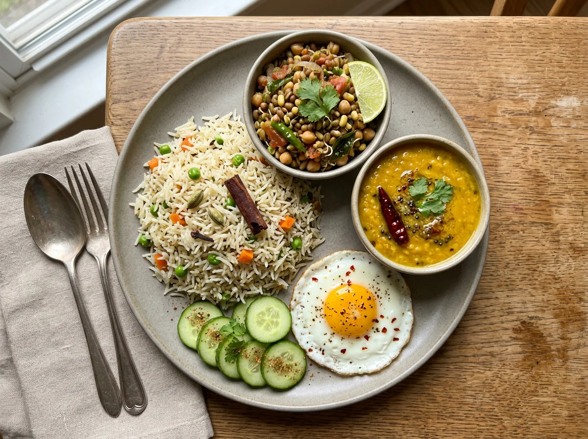 Indian style meal with rice, sprouts, egg, dal, and cucumber photo