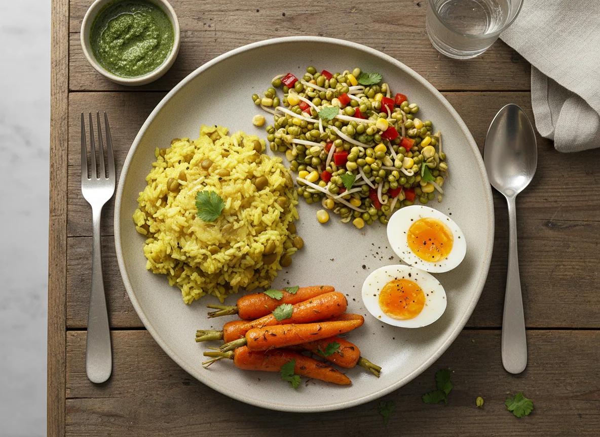 Indian style meal with sprouts salad, dal khichdi, carrots, and boiled egg photo