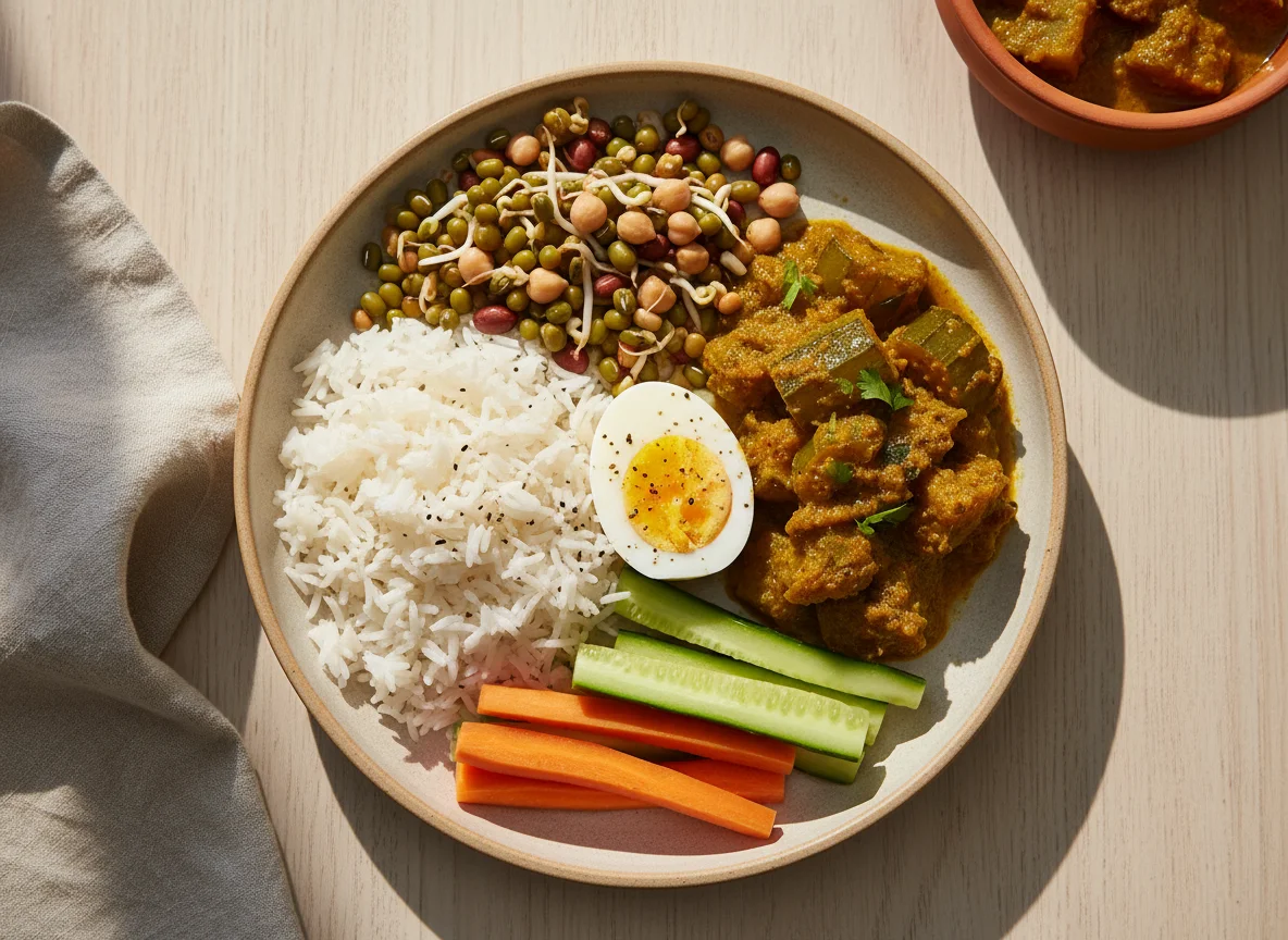 Indian style meal with vegetables, eggs, rice and sprouts photo