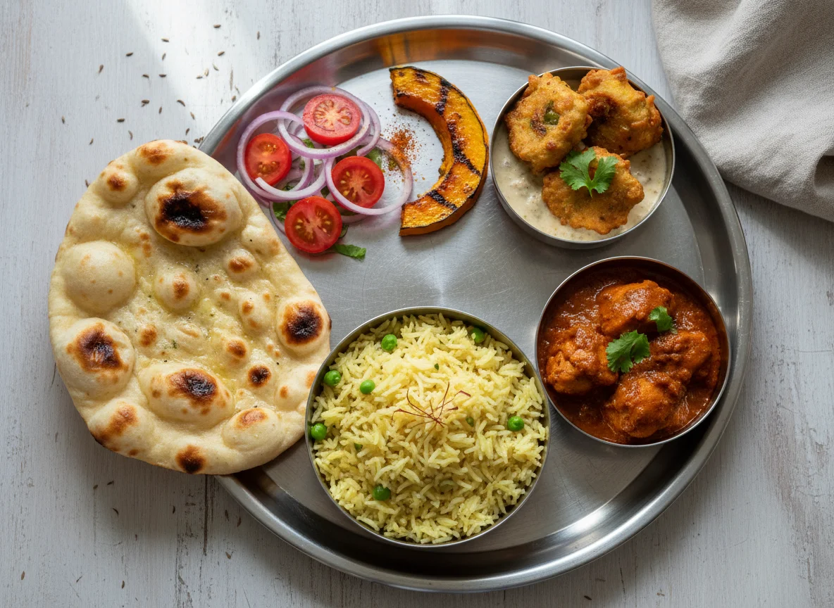 Indian Thali style meal with chicken, rice, vegetables and flatbread photo