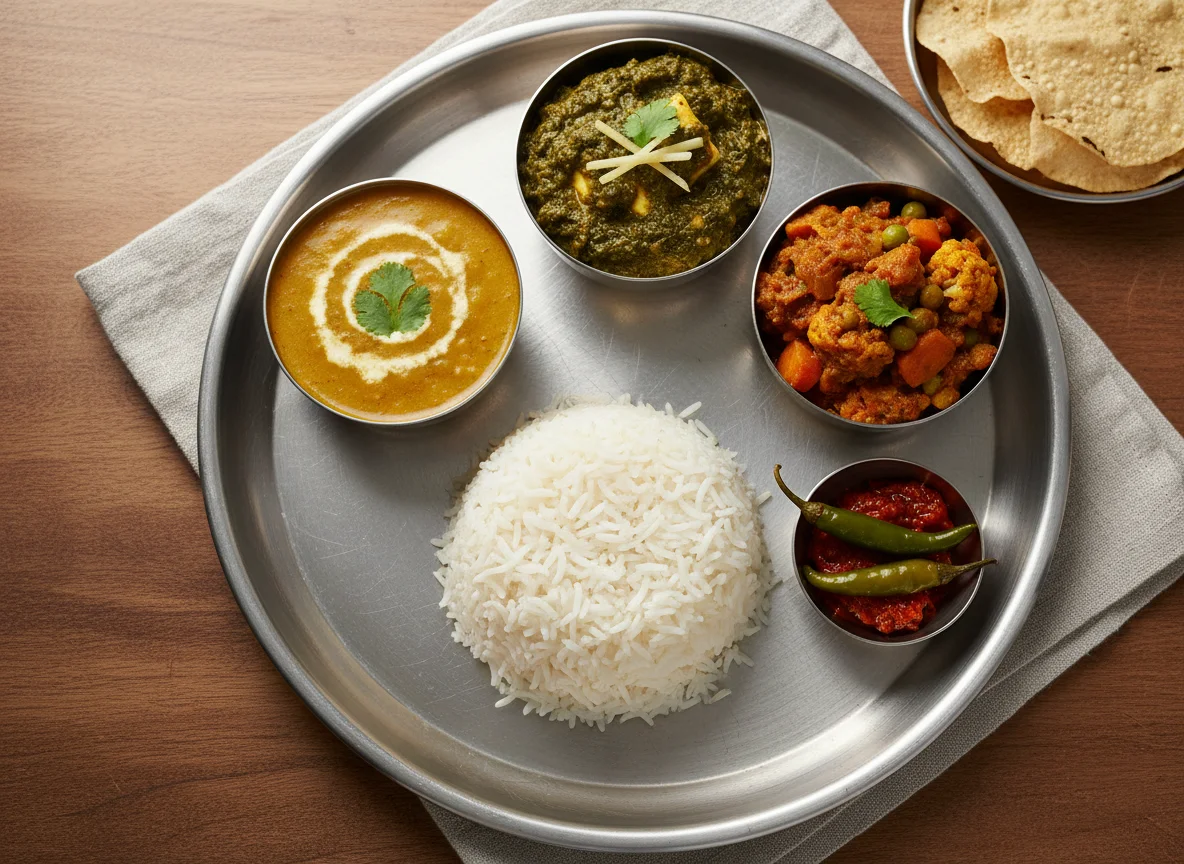 Indian Thali style meal with rice and curries photo