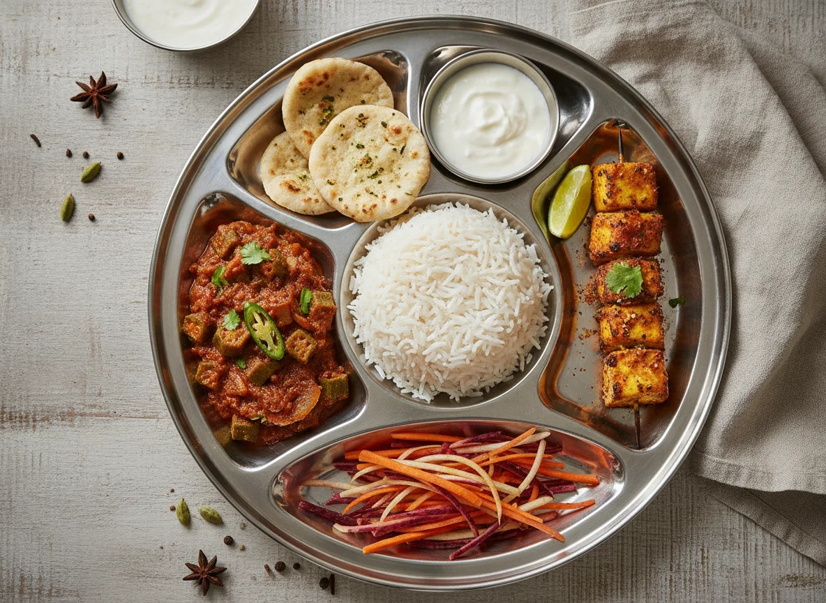 Indian Thali with Bhindi Masala, Paneer, Rice and Carrots photo
