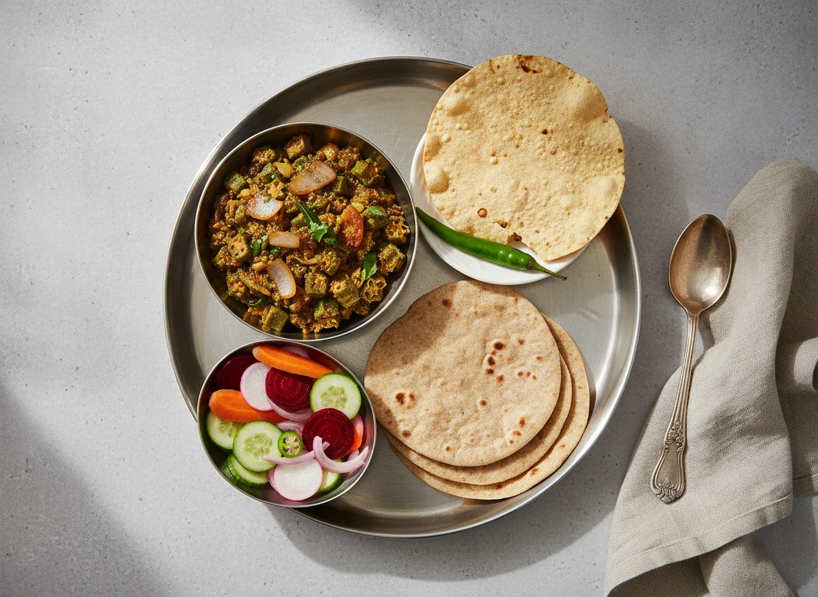 Indian Thali with Bhindi Masala, Roti, and Salad photo