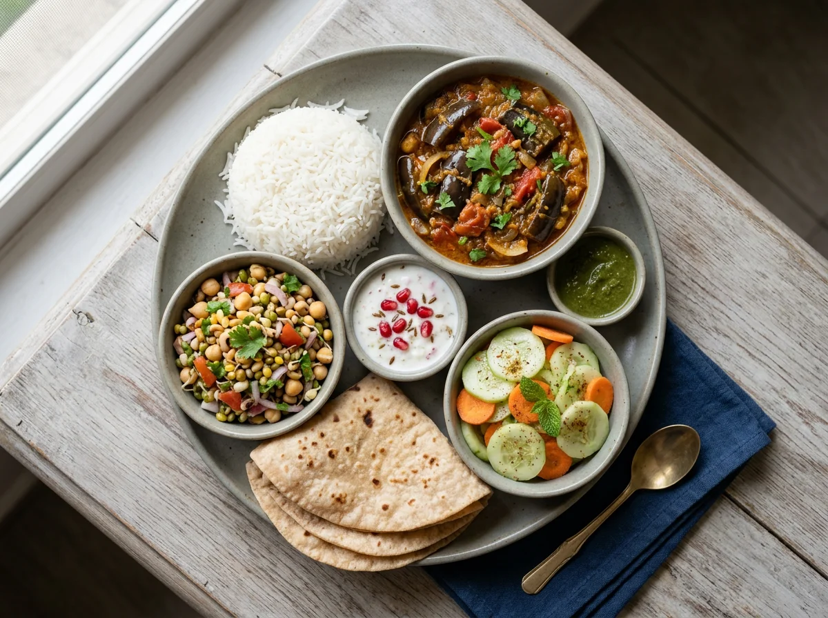 Indian Thali with Brinjal Curry, Rice, Sprouts, and Salad photo