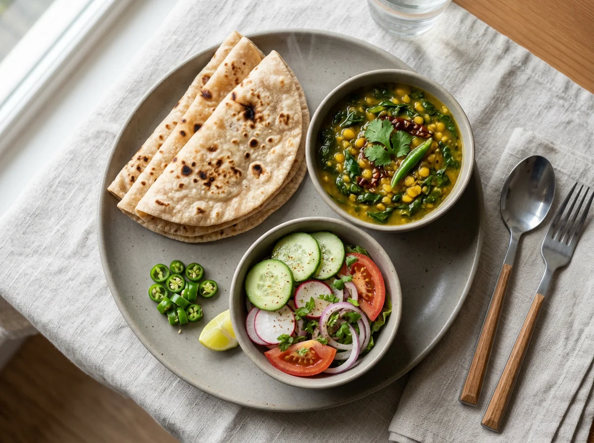 Indian Thali with Chapati, Saag, and Salad photo