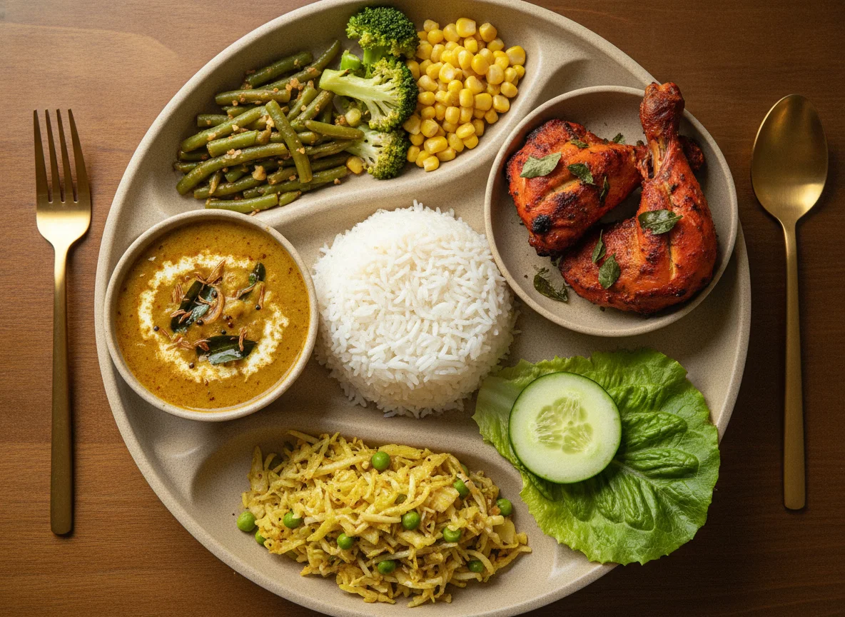 Indian Thali with Chicken, Dal, Rice and Vegetables photo