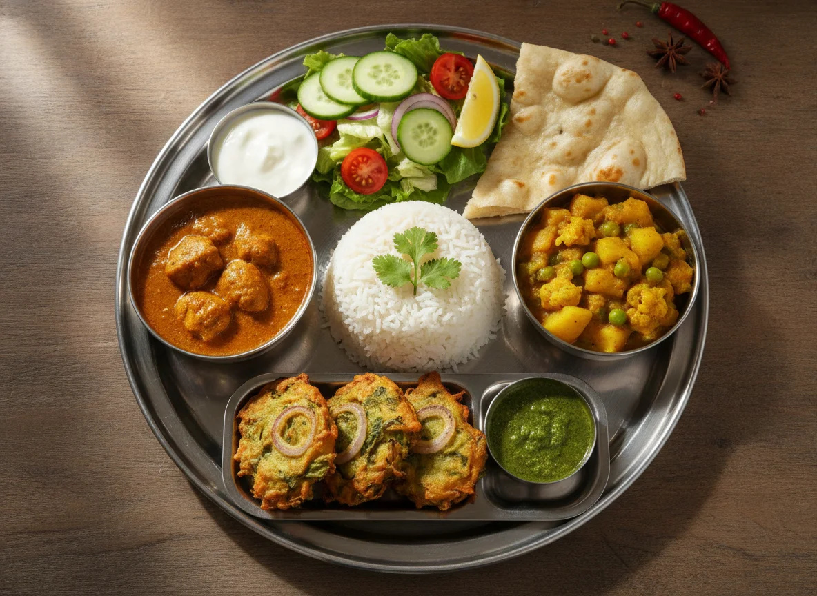 Indian Thali with Curry, Rice, Pakora, and Salad photo