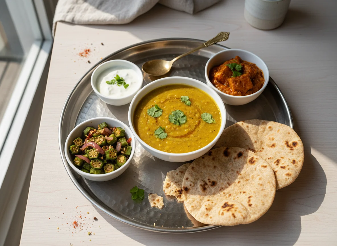 Indian Thali with Dal, Bhindi Fry, and Roti photo