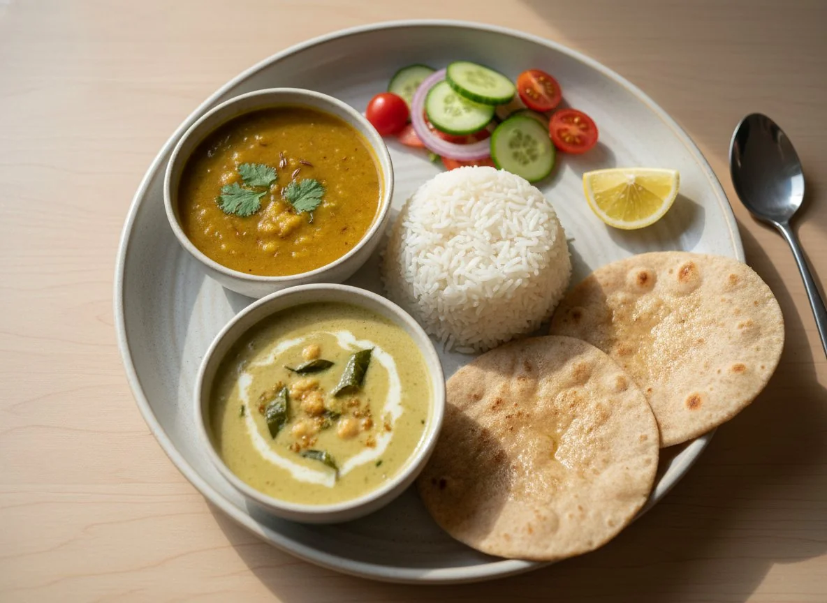 Indian Thali with Dal, Kadhi, Rice, Roti, and Salad photo