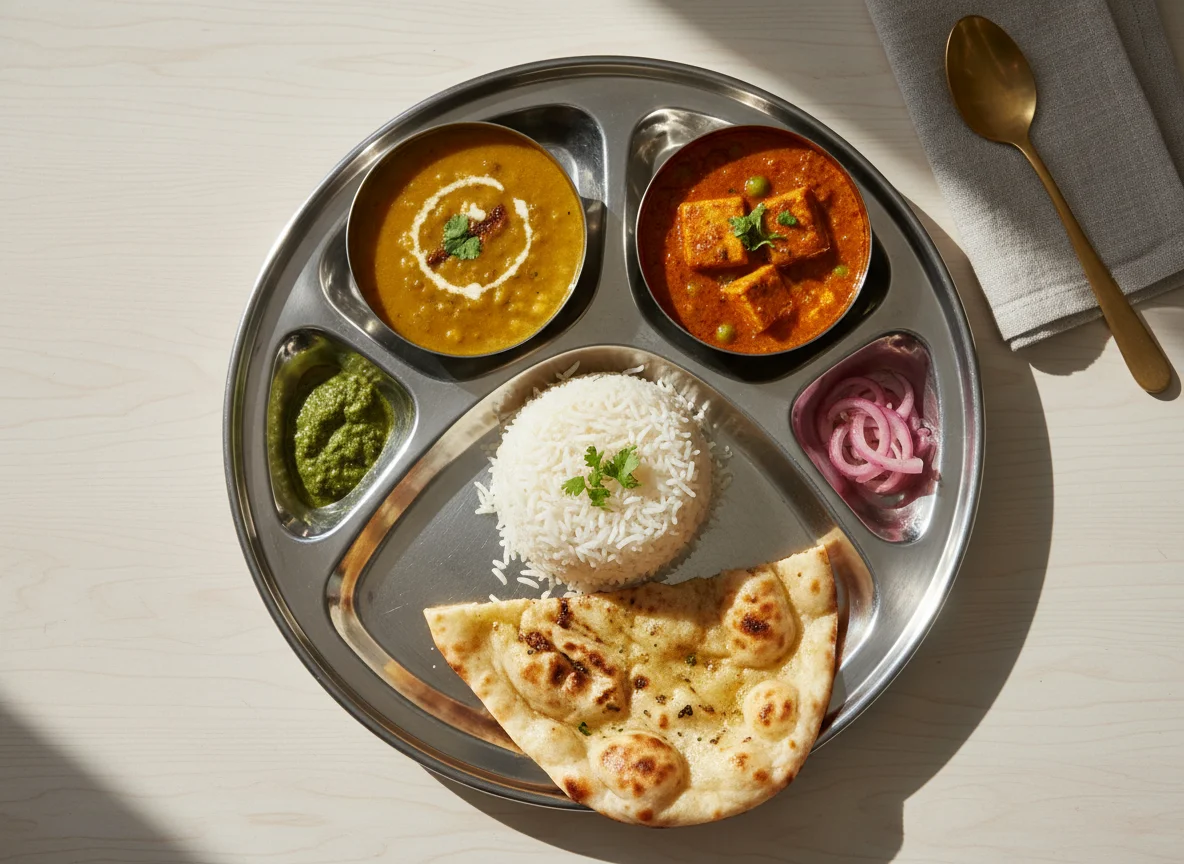 Indian Thali with Dal, Rice, Curry, and Naan photo