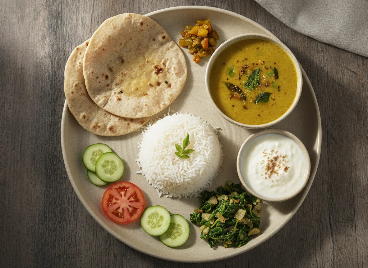 Indian Thali with Dal, Rice, Roti, and Vegetables photo