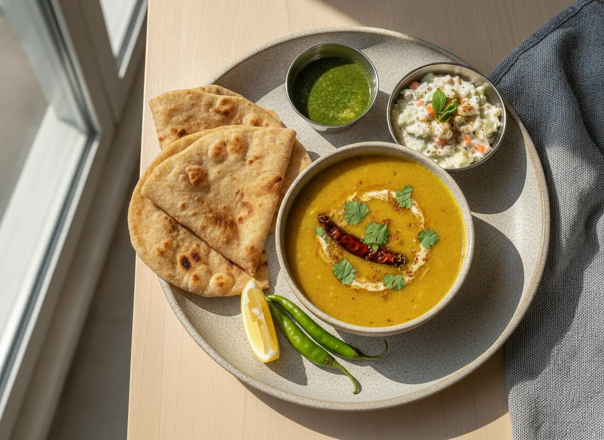 Indian Thali with Dal, Roti, and Raita photo