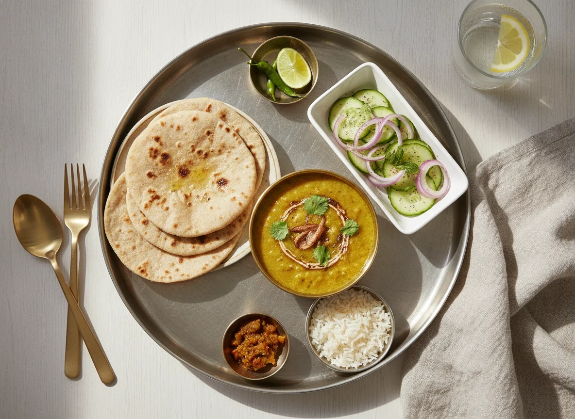 Indian Thali with Dal, Roti, and Salad photo