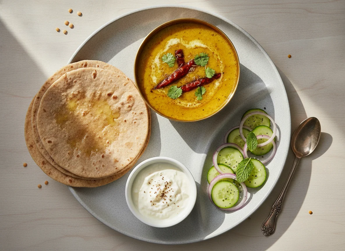 Indian Thali with Dal, Roti, Curd and Salad photo