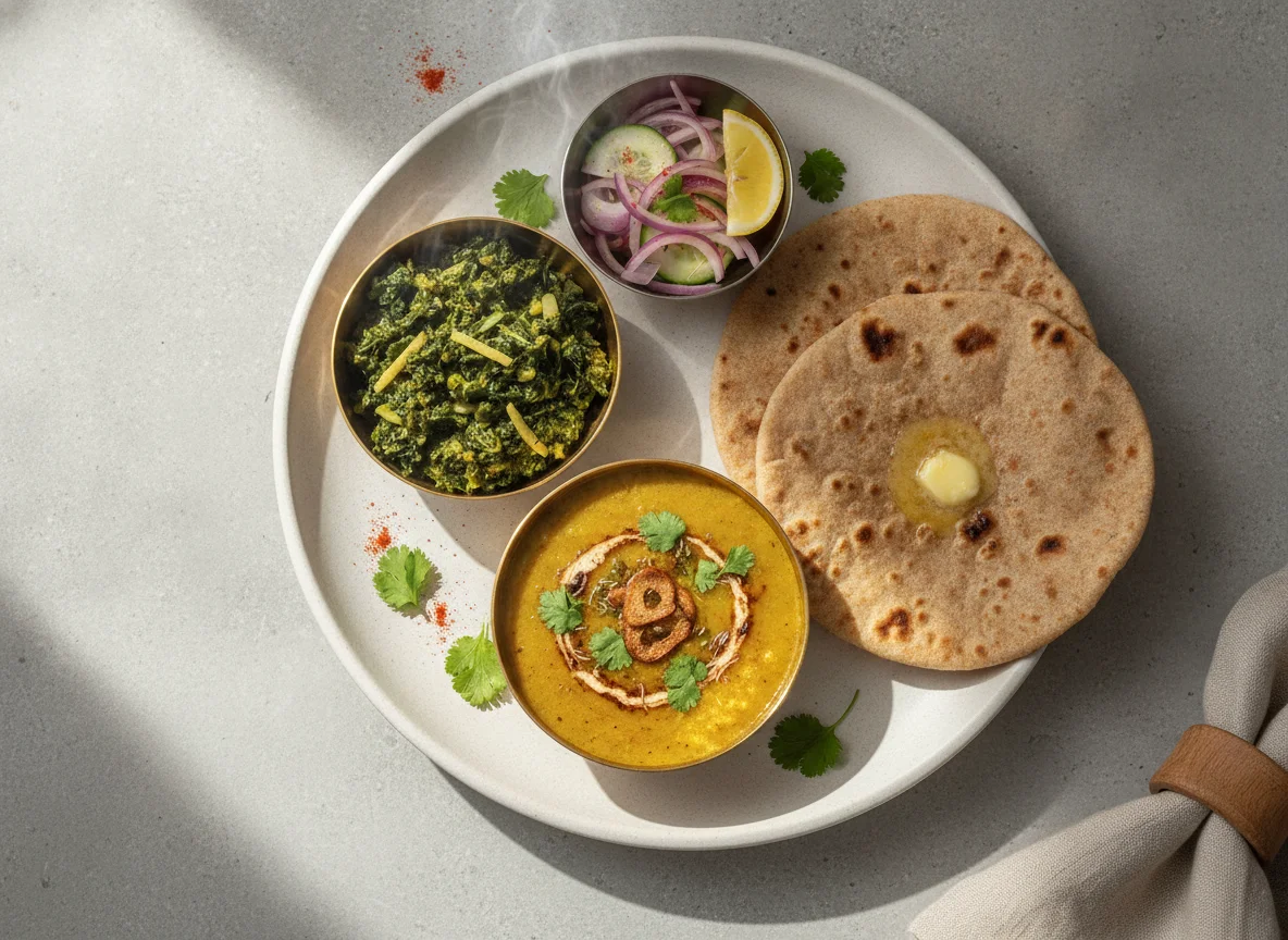 Indian Thali with Dal, Saag, and Roti photo