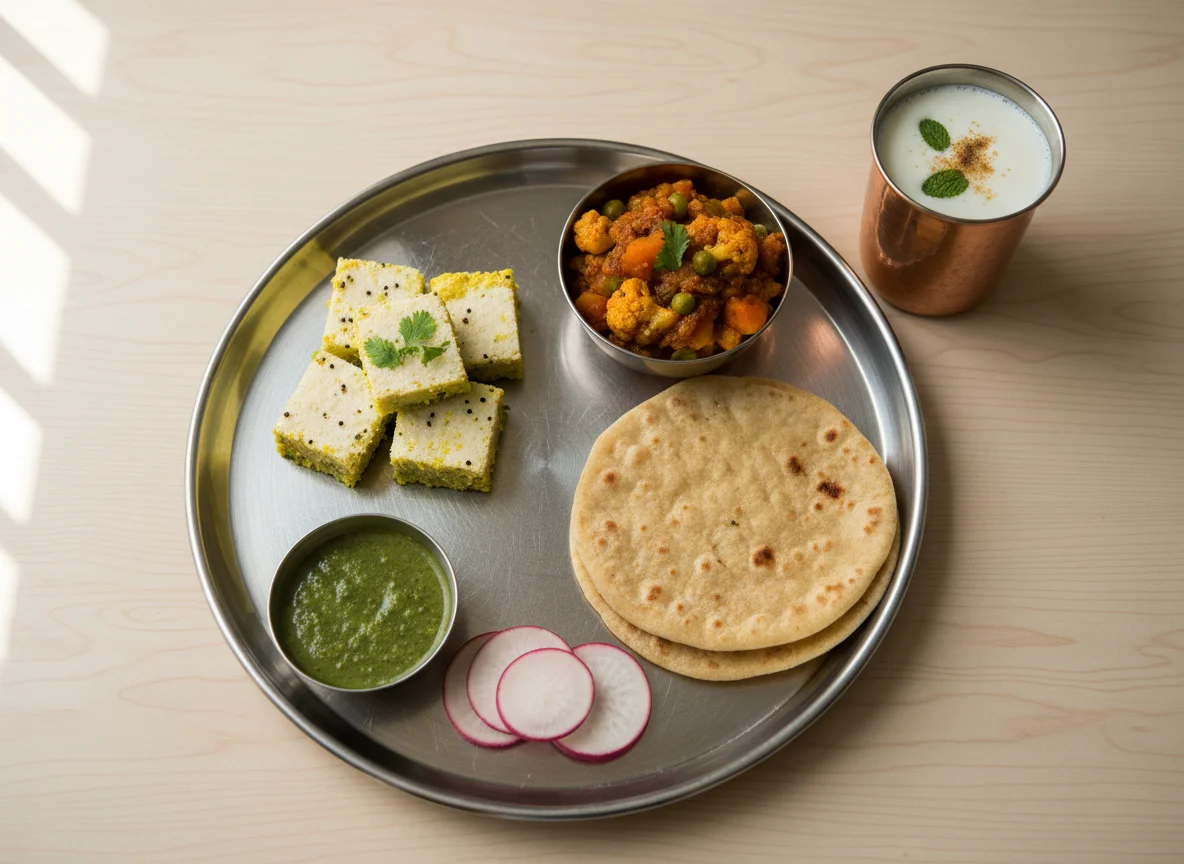 Indian Thali with Dhokla, Sabzi, Roti, Chutney, Radish, and Buttermilk photo