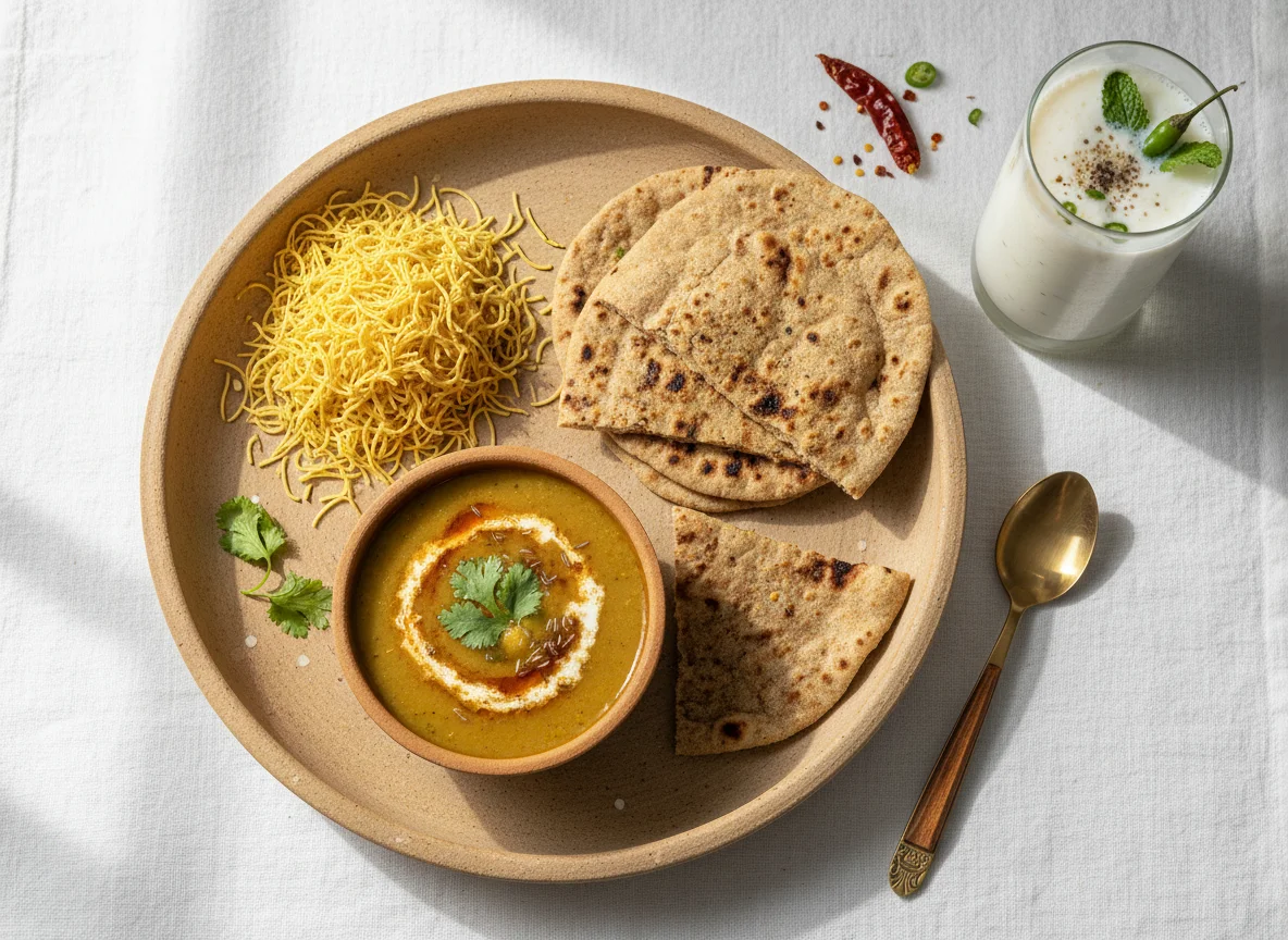 Indian Thali with Flatbread, Dal, Sev, and Buttermilk photo