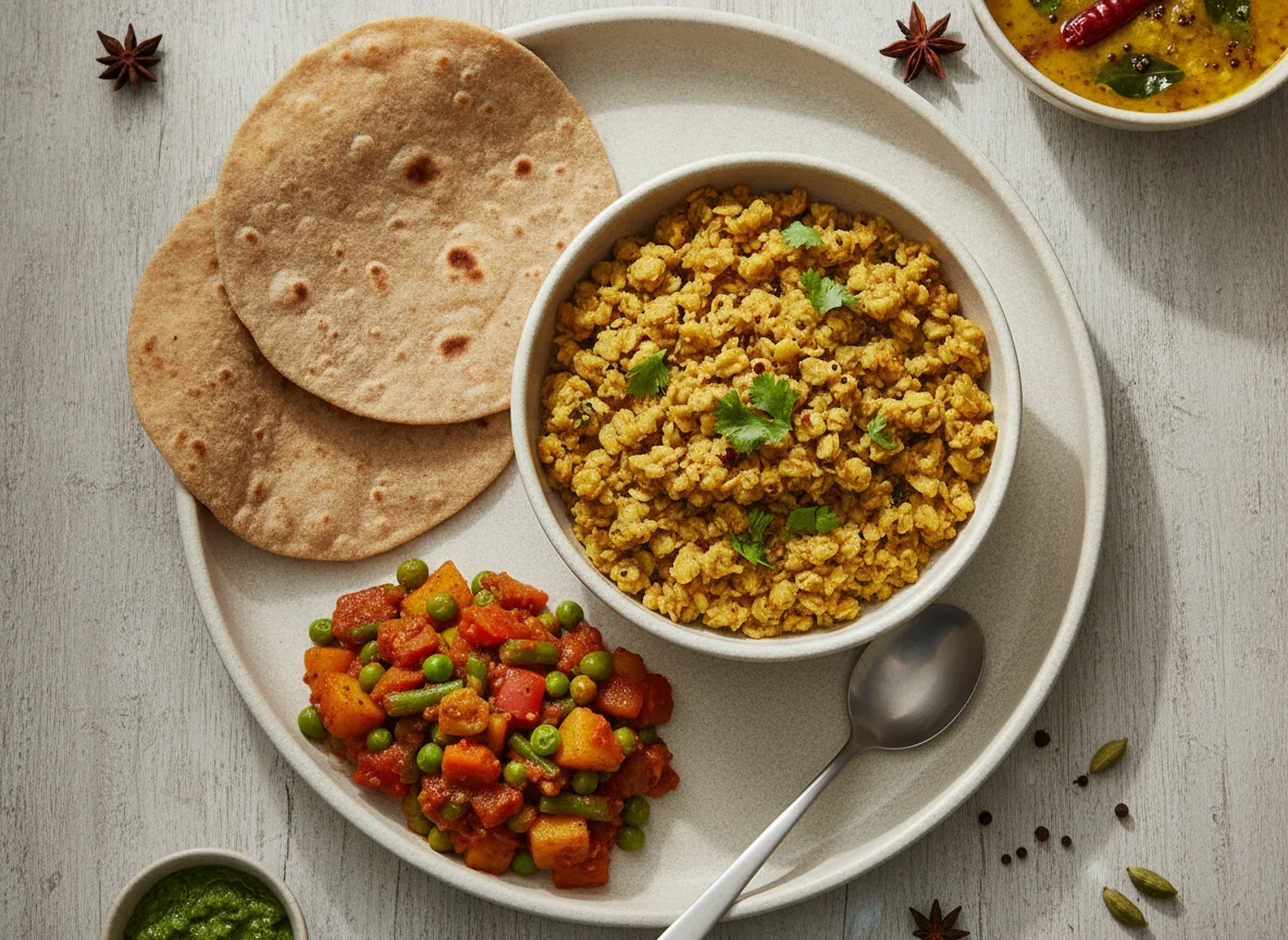 Indian Thali with Masala Oats, Dal, Roti and Sabzi photo
