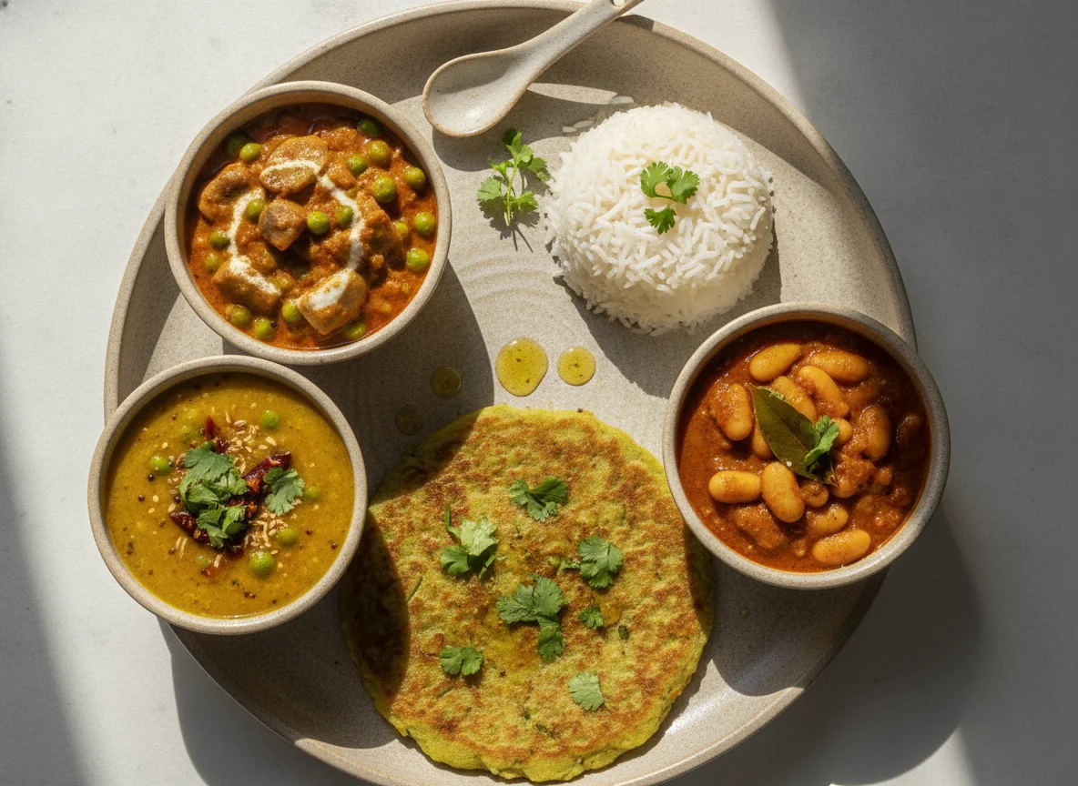 Indian Thali with Moong Dal Chilla, Matar Mushroom, Dal, and White Bean Curry photo