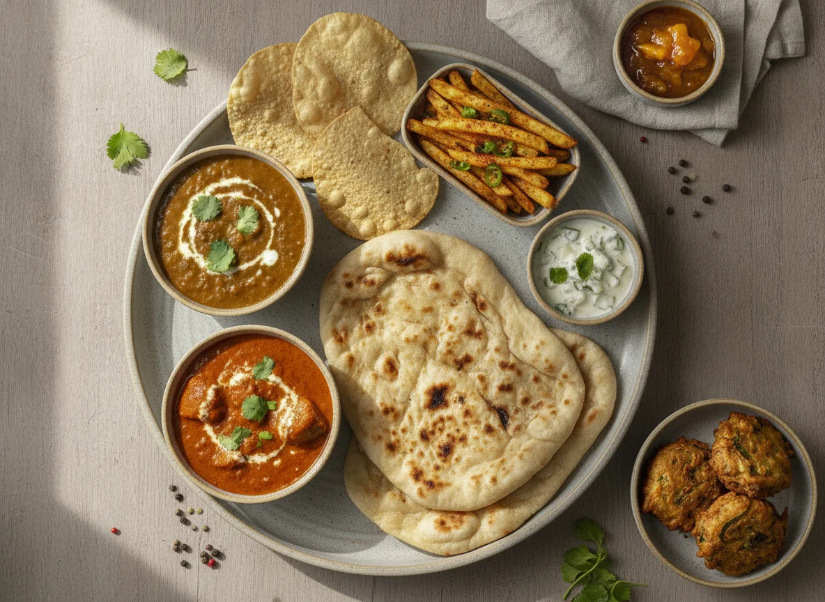 Indian Thali with Naan, Daal, Curry and Sides photo