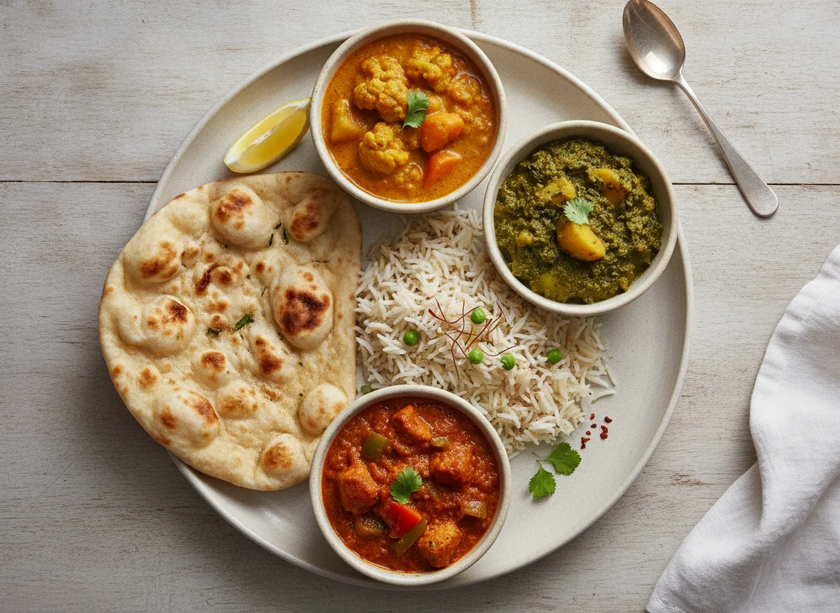 Indian Thali with Naan, Rice, and Curries photo