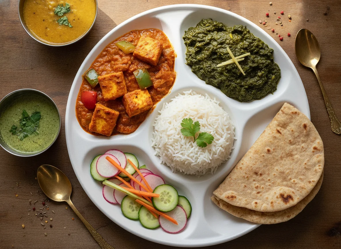 Indian Thali with Paneer, Rice, Saag, and Salad photo