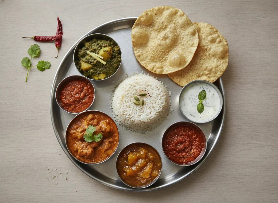 Indian Thali with Poppadoms and Curry photo