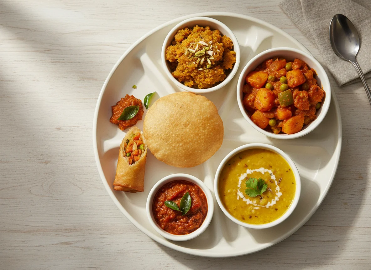 Indian Thali with Puri, Sabzi, Dal, and Chutney photo