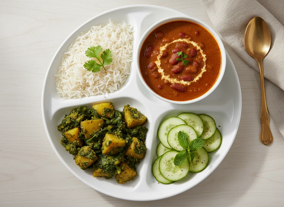 Indian Thali with Rajma, Aloo Palak, Rice and Cucumber Salad photo