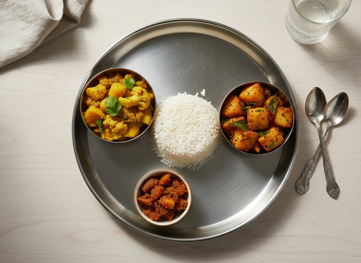 Indian Thali with Rice, Aloo Gobi Curry, Potato Fry, and Pickle photo