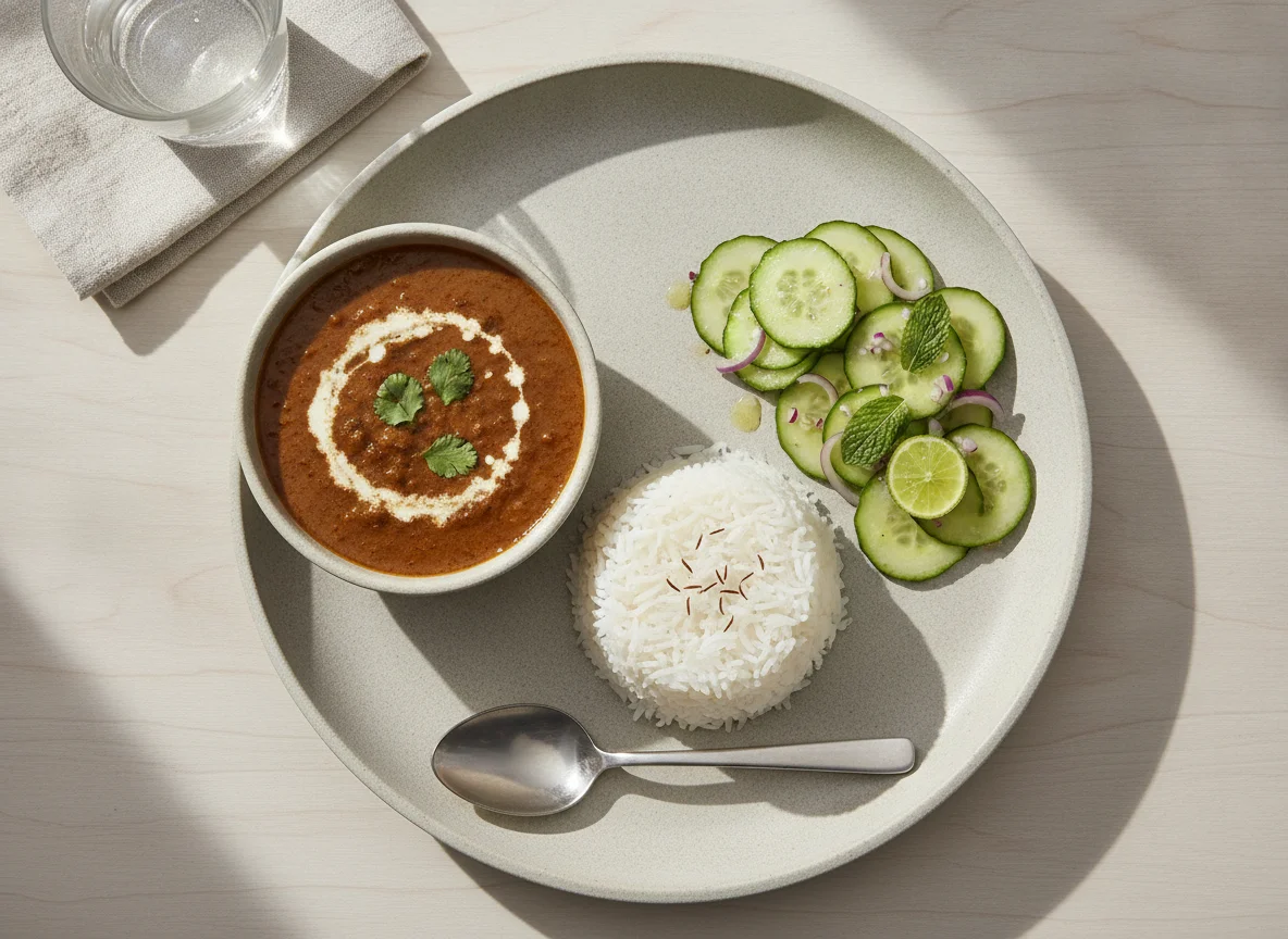 Indian Thali with Rice, Dal, and Cucumber Salad photo