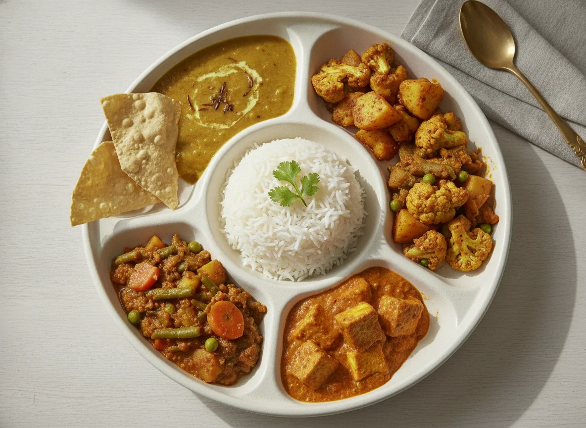 Indian Thali with Rice, Dal, and Vegetable Curries photo