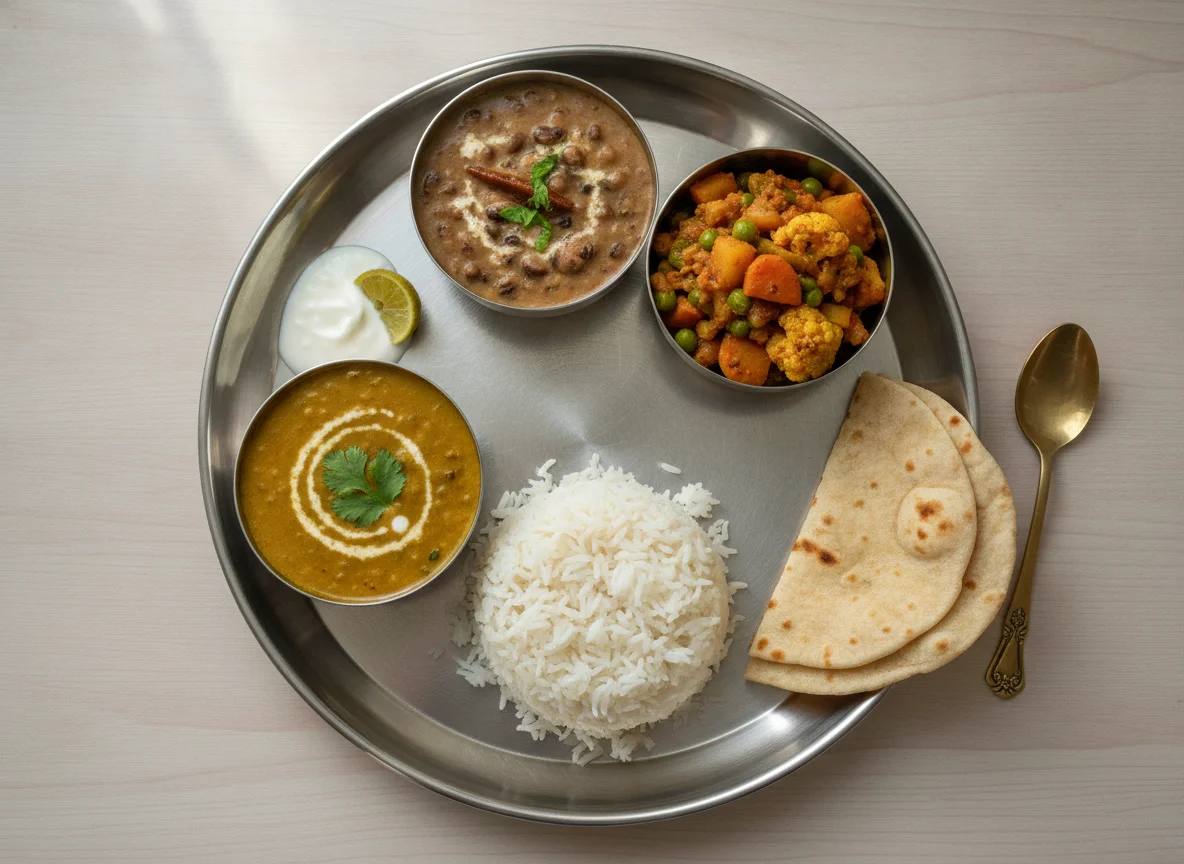Indian Thali with Rice, Dal, and Vegetable Sabzi photo