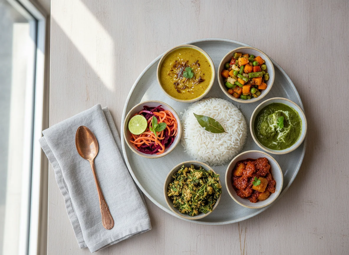 Indian Thali with Rice, Dal, and Vegetables photo